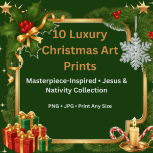 Home “Luxury Christmas art print featuring a classic Nativity scene with Baby Jesus, Mary, and Joseph in soft golden lighting, styled in a premium museum-inspired frame.”