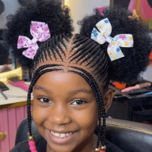 Home African kids braided wig with cornrow braids and double afro puffs decorated with colorful beads.