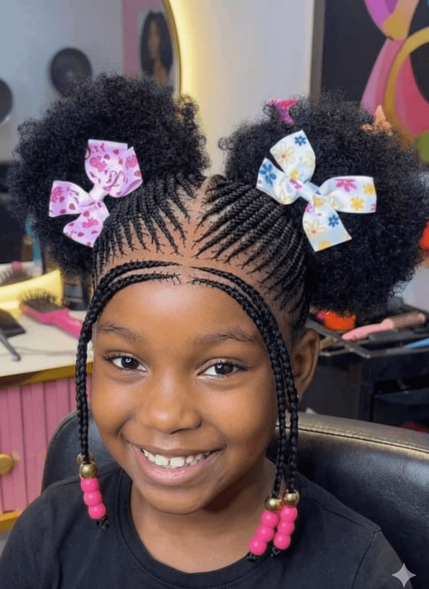 afro kids braided wig – cornrow braids with afro puffs & beads | summer kids hairstyles African kids braided wig with cornrow braids and double afro puffs decorated with colorful beads.