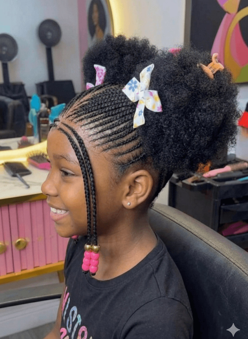 afro kids braided wig – cornrow braids with afro puffs & beads | summer kids hairstyles Afro puff braided wig for kids with adjustable band and natural-looking synthetic hair.